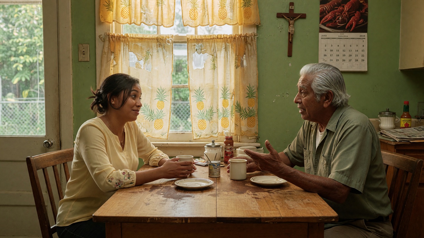 Adult daughter and older father talk gently over coffee at a sunlit kitchen table.