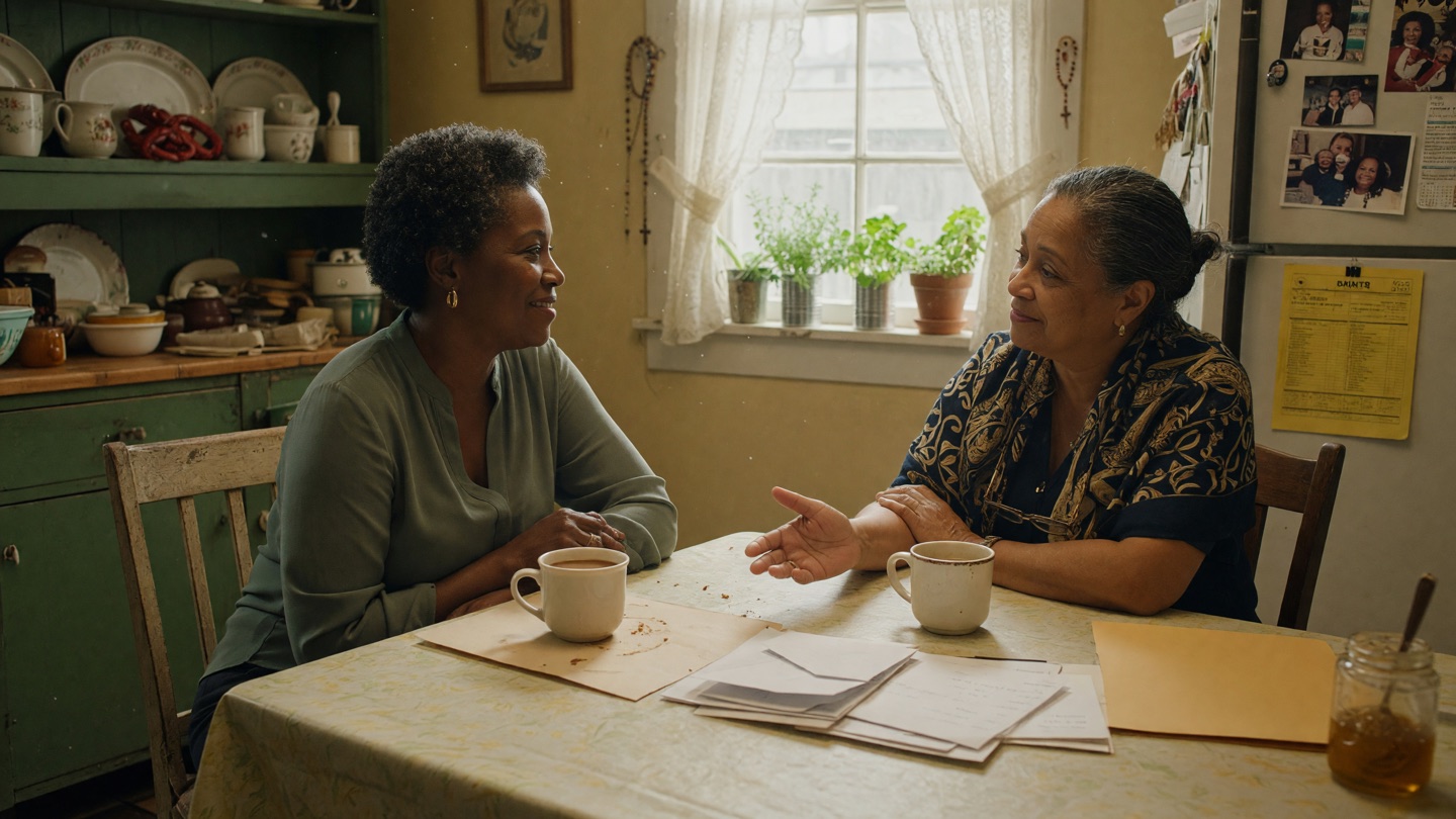 Adult daughter and senior-care advisor talking over coffee at a sunlit Louisiana kitchen table