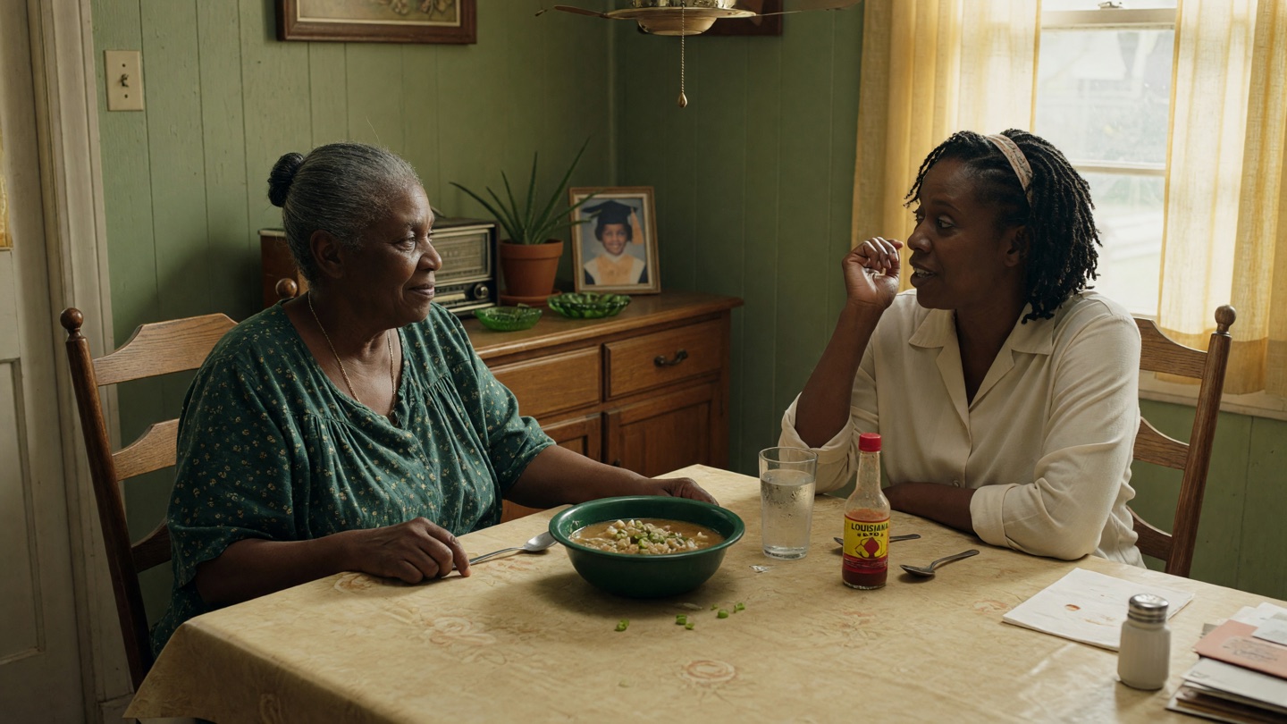 Older woman and her adult daughter share an unhurried meal at a sunlit Louisiana kitchen table.
