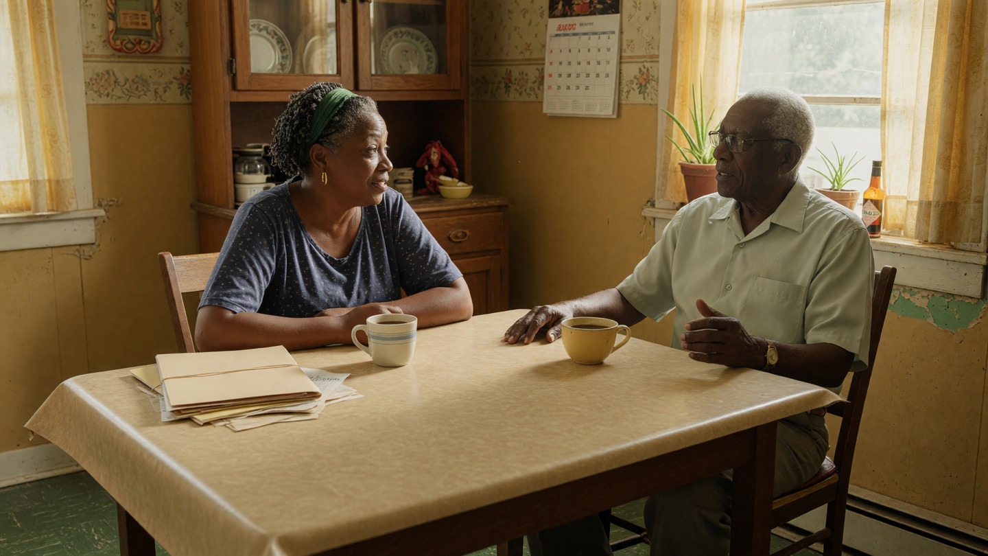 Adult daughter and elderly father talk over coffee at a Louisiana kitchen table, weighing a care decision.