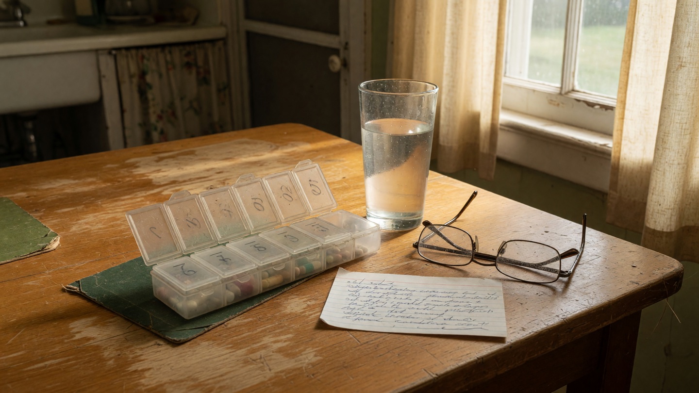 Weekly pill organizer, glass of water, reading glasses, and handwritten medication card on a table.