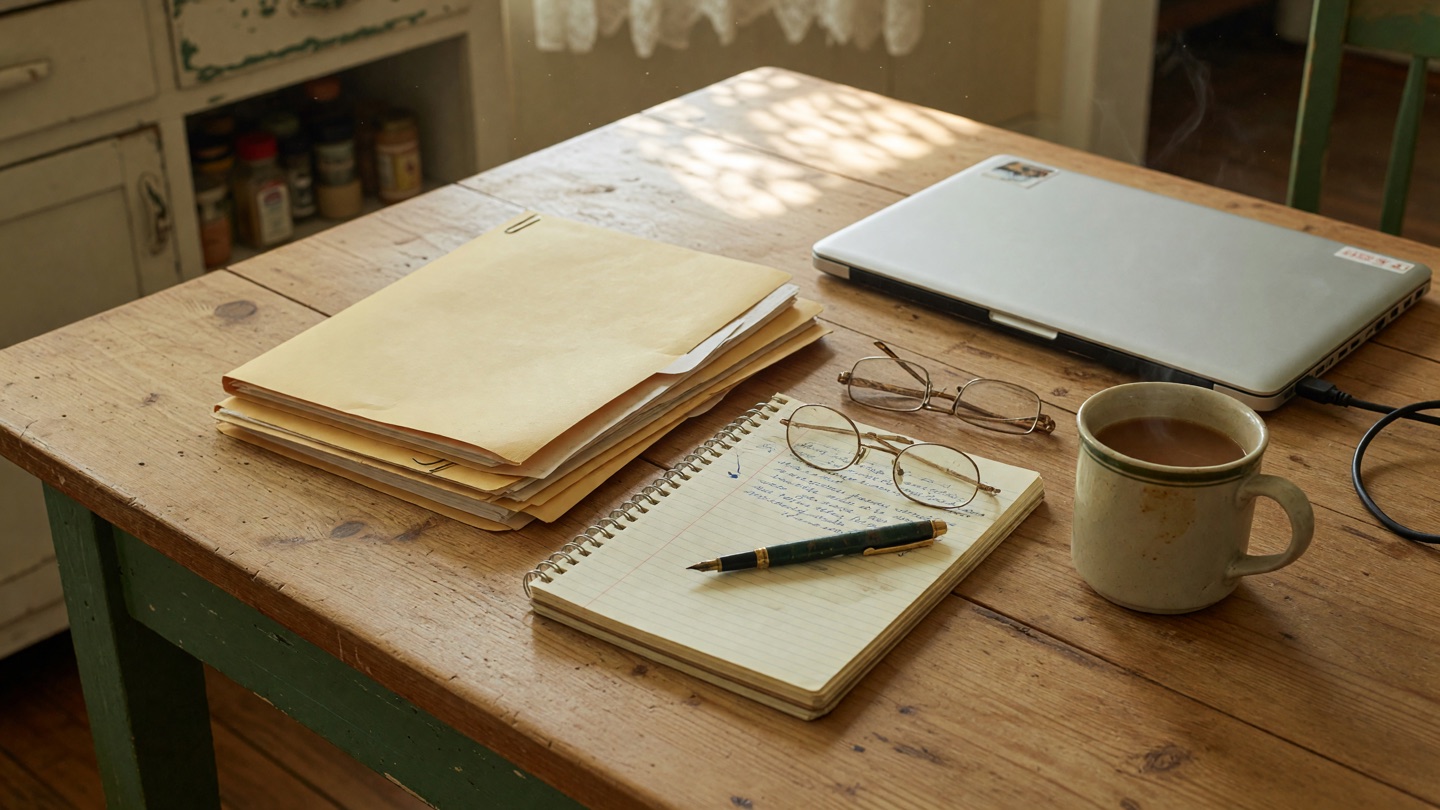 Manila folders, notepad, reading glasses, laptop, and coffee arranged on a sunlit kitchen table.