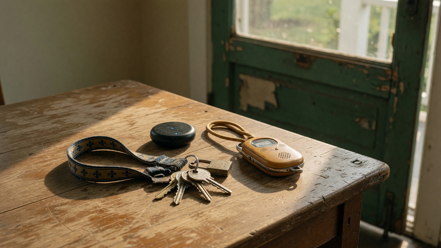 A small round tracker, house keys, lanyard, and GPS locator pendant on a wooden table