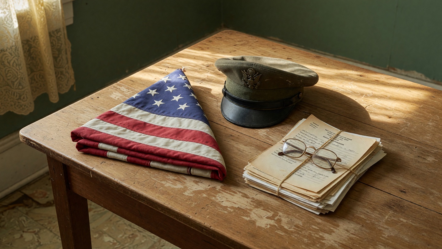 Folded American flag, worn service cap, reading glasses, and papers on a sunlit wooden table.