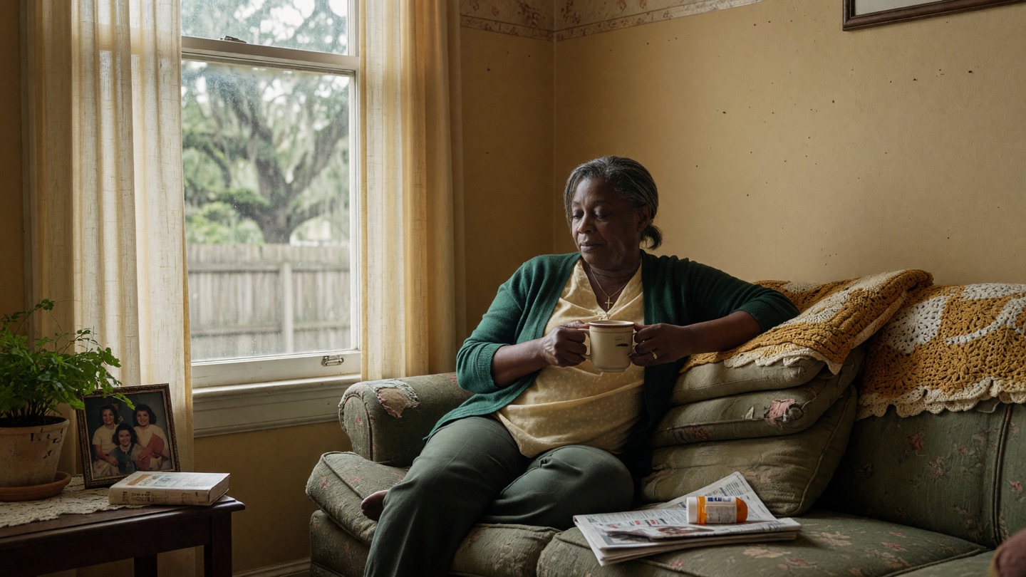 A woman caregiver resting alone by a window with a warm mug, quietly reflecting