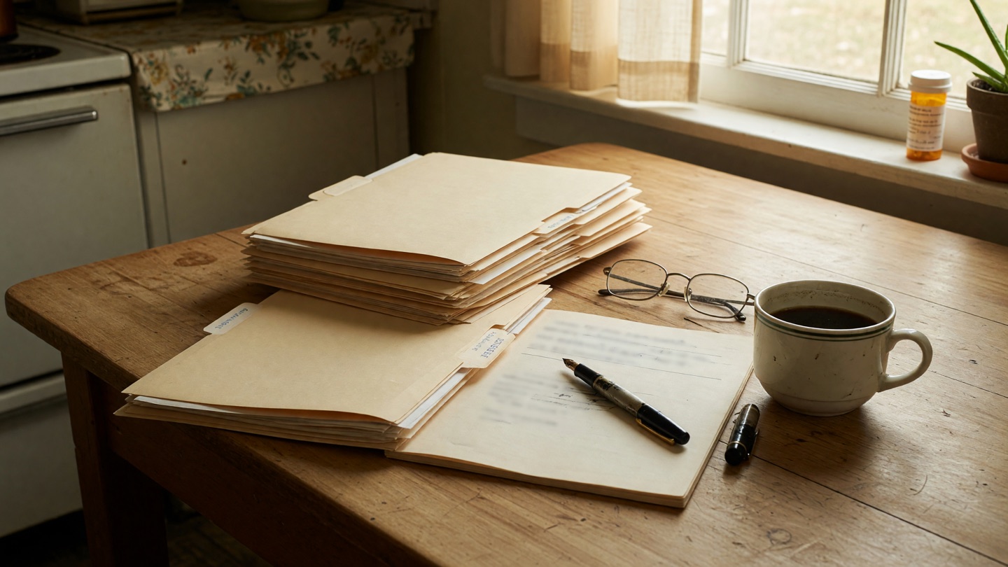 Manila folders, reading glasses, a pen, and coffee on a Louisiana kitchen table for sorting benefits.