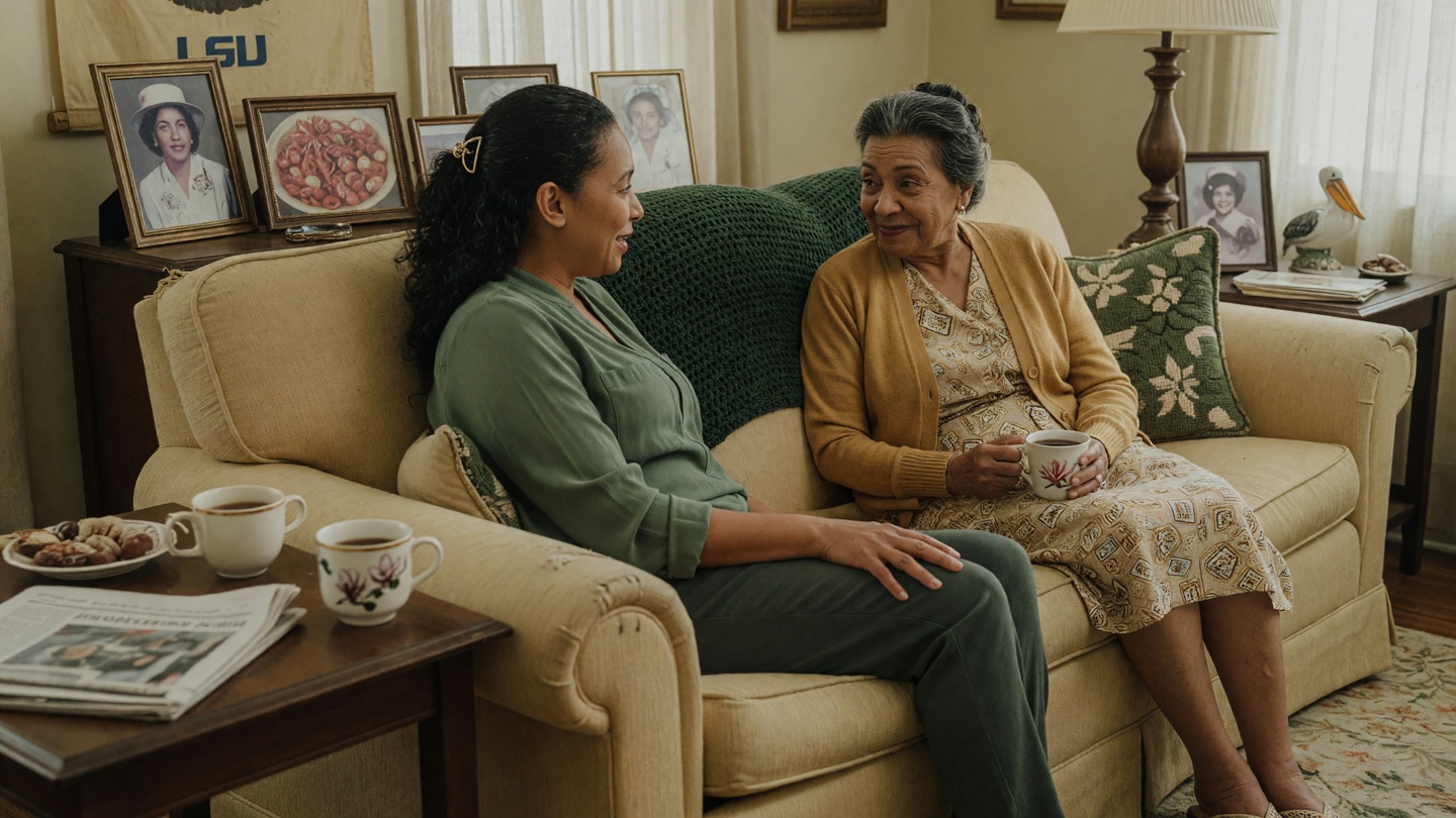 Adult daughter and elderly mother talk calmly together on a sofa in a warm living room.