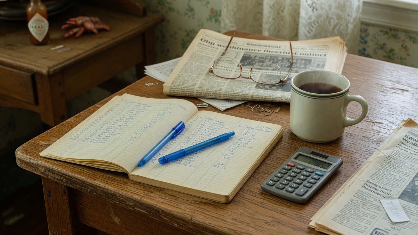 Calculator, open notebook, reading glasses, and coffee on a worn wooden kitchen table.