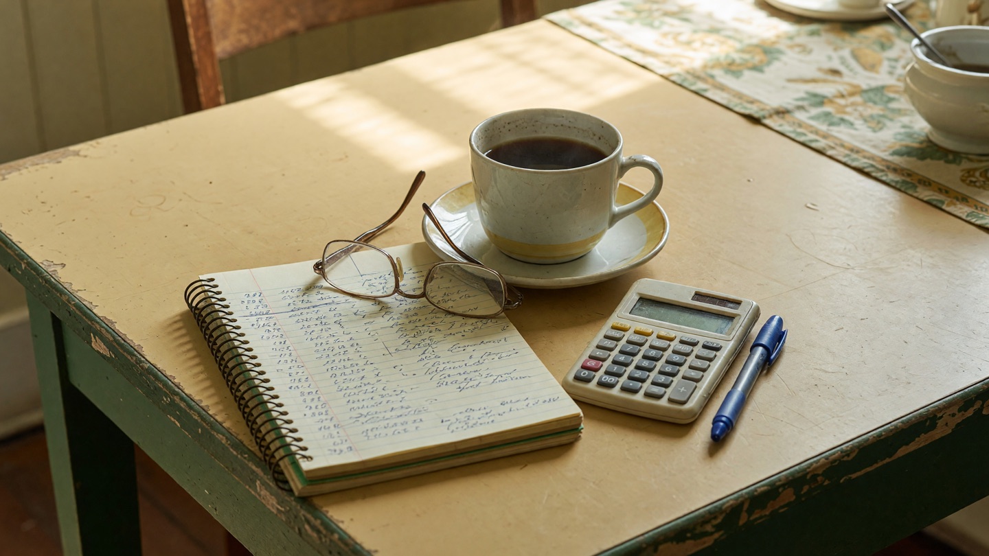 Coffee, reading glasses, calculator, and a notepad of figures on a Louisiana kitchen table