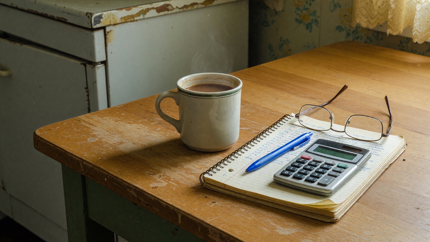 Kitchen table with coffee, a calculator, pen, notepad, and reading glasses in morning light.