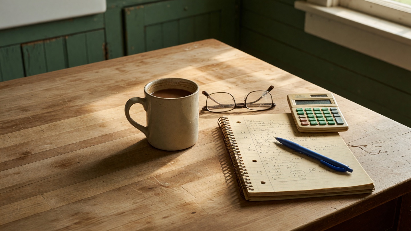 Reading glasses, a notepad, calculator, and coffee mug on a warm wooden kitchen table