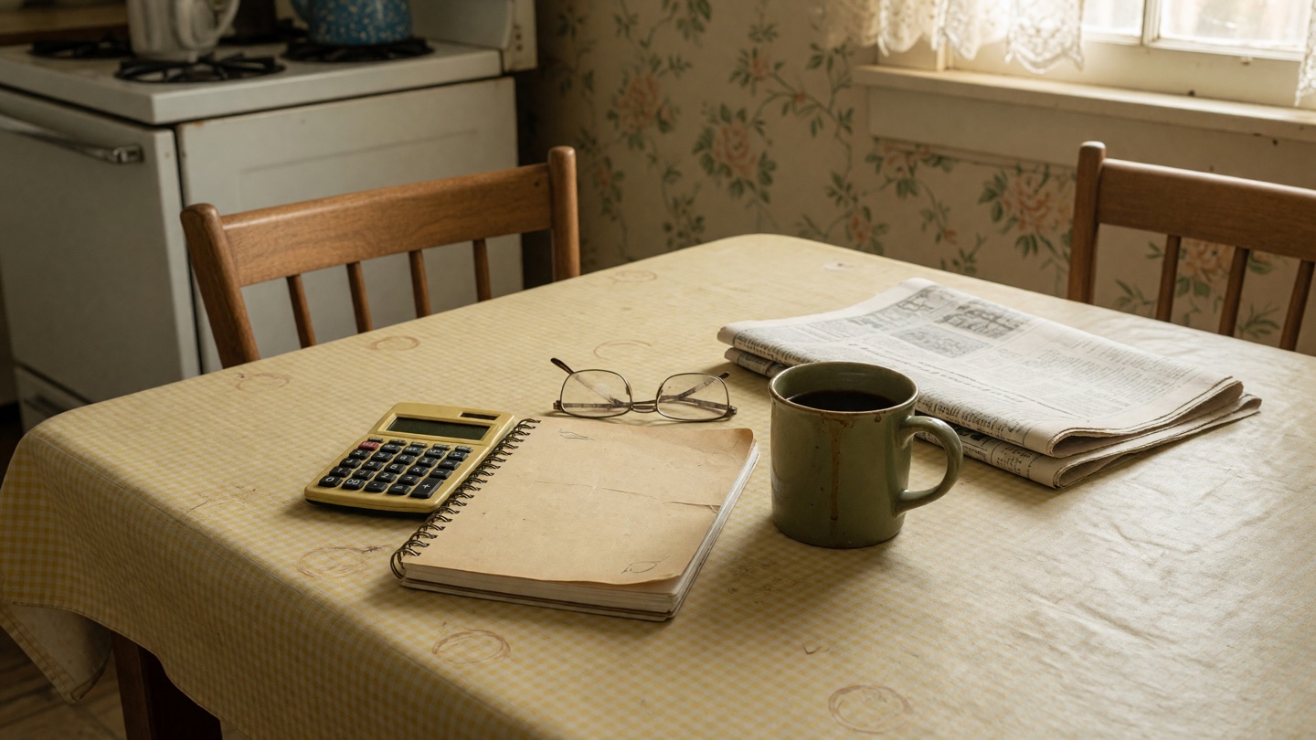 Calculator, reading glasses, notebook, and coffee on a sunlit Louisiana kitchen table for comparing care costs.