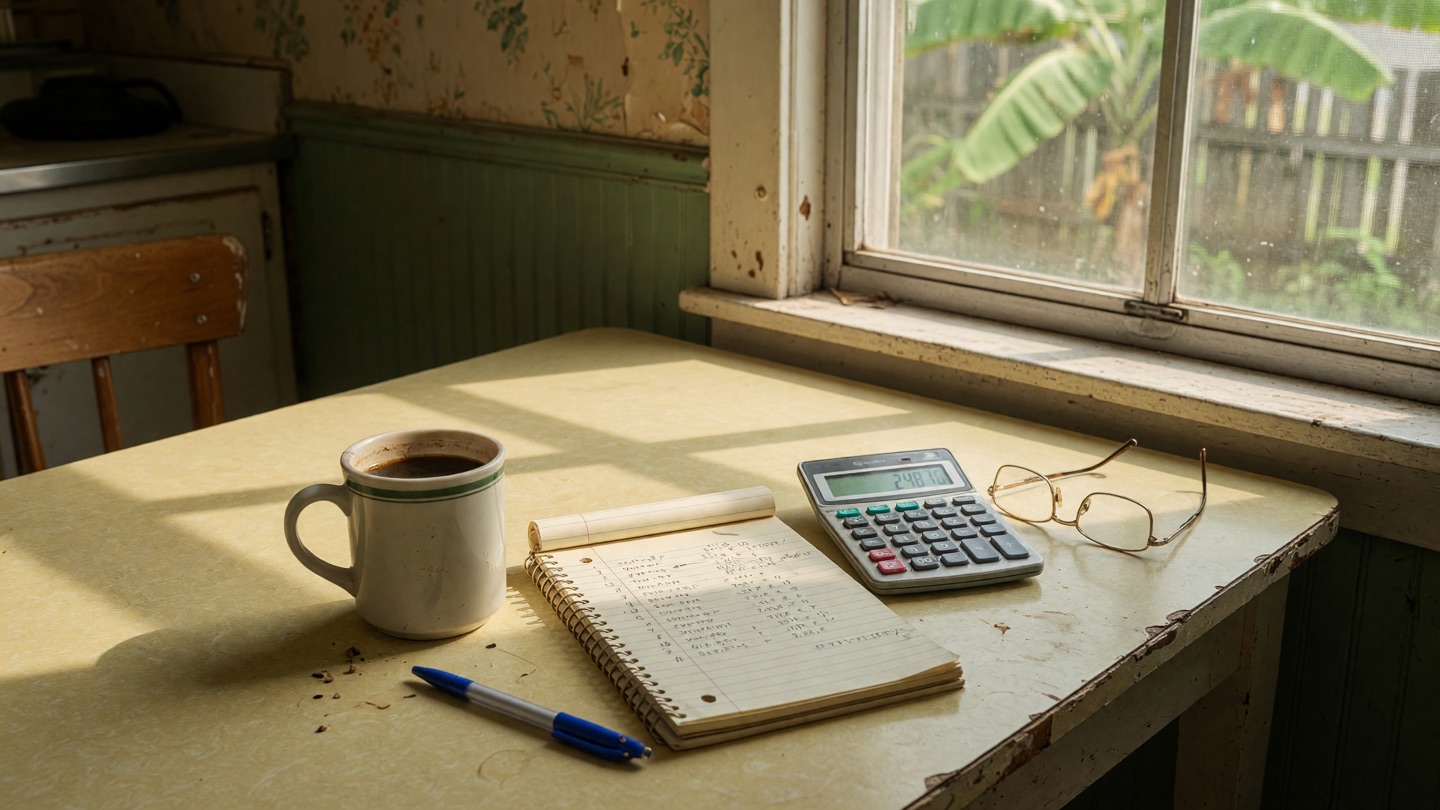 Notepad with figures, calculator, coffee mug, reading glasses, and pen arranged on a kitchen table.