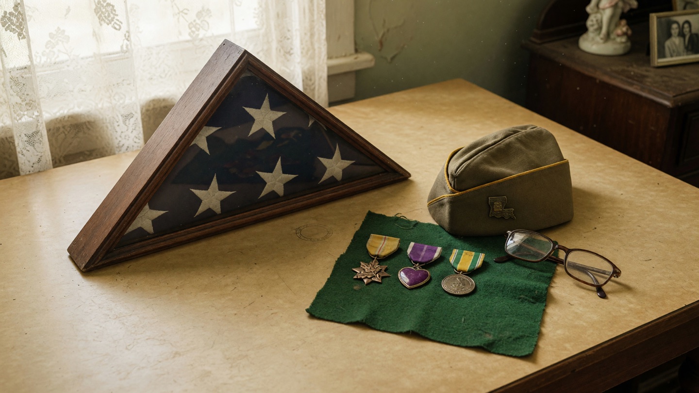 Folded flag in a wooden case beside a veteran's cap, service medals, and reading glasses.