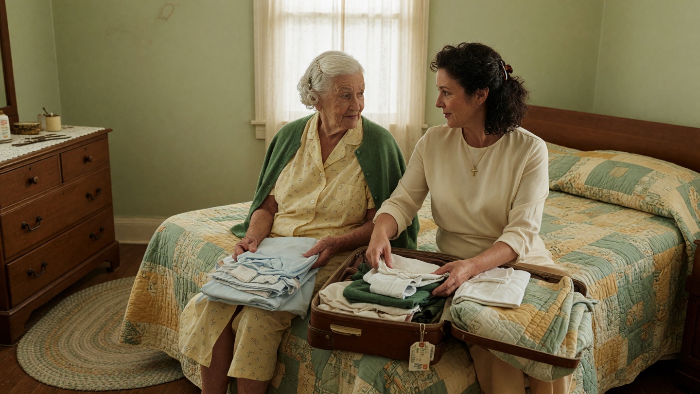 A daughter and her elderly mother fold clothes into a suitcase on a bed together