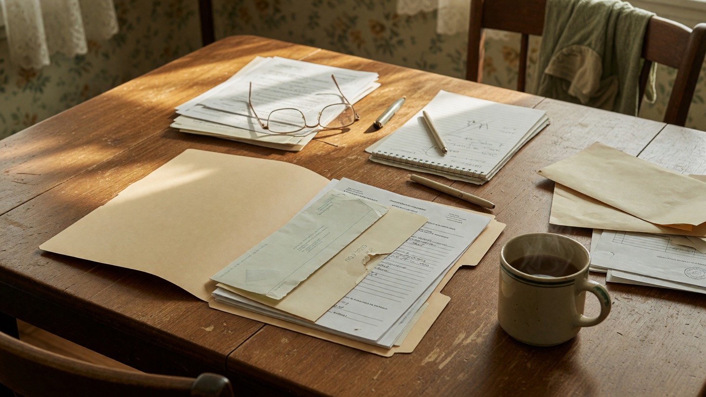 Documents, a folder, reading glasses, pen, and coffee spread across a sunlit dining table.