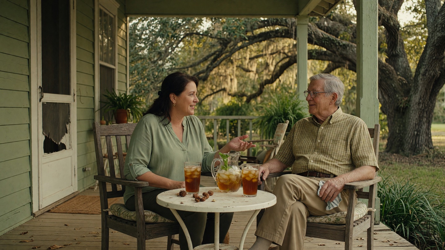 An adult daughter and older father talking together on a shaded Louisiana front porch