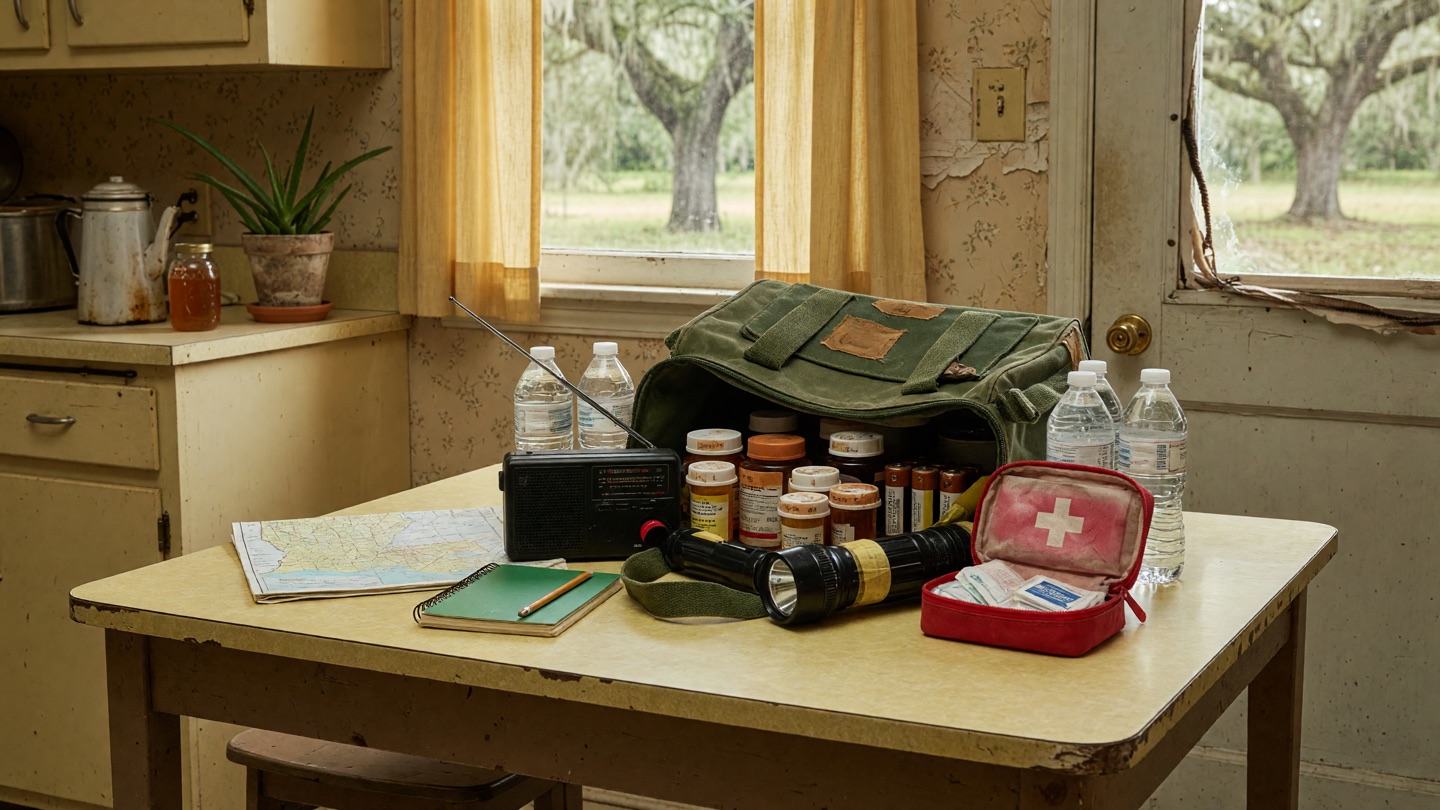 Emergency go-bag with amber pill bottles, battery radio, flashlight, water, and first-aid kit on a table.