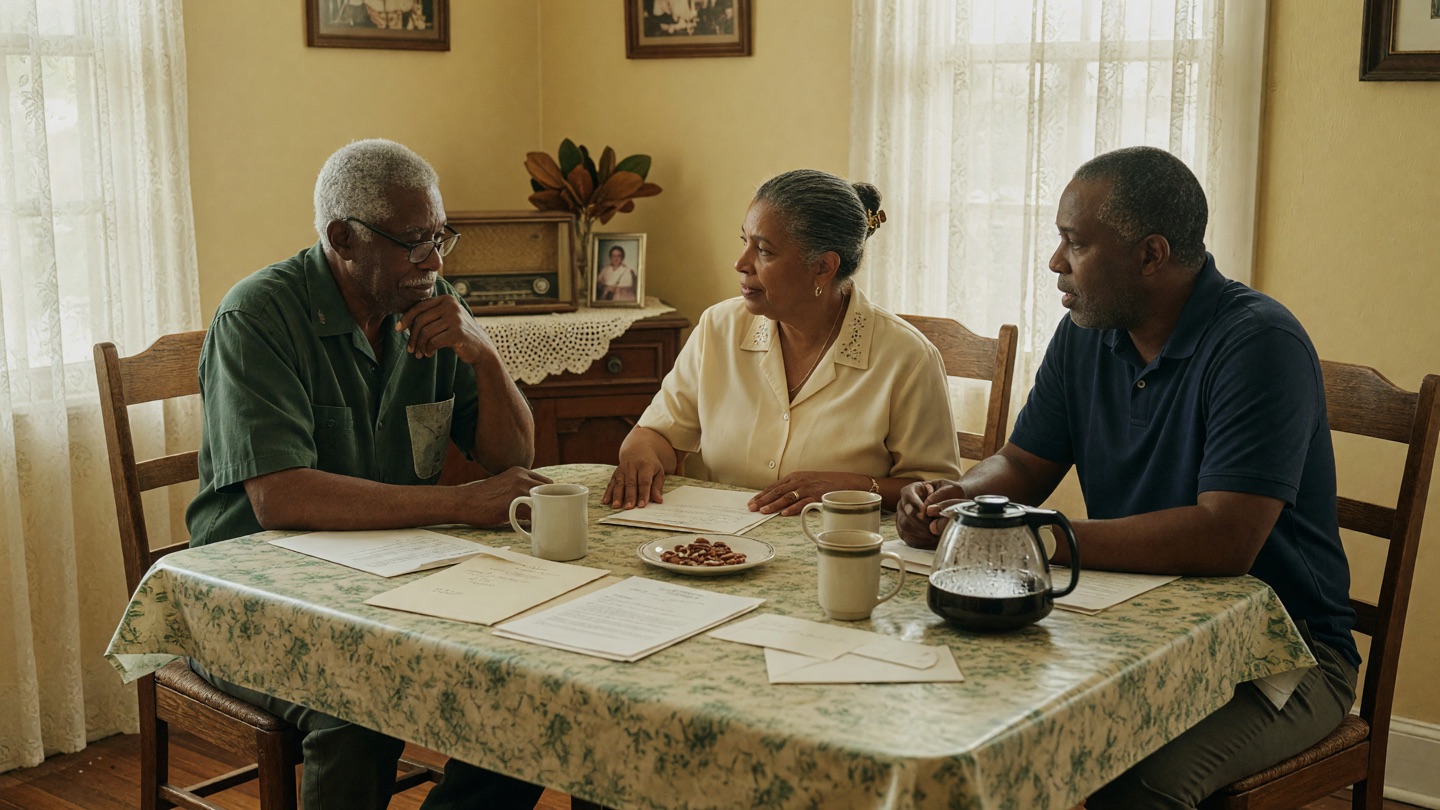 Older couple and adult son sit at a dining table weighing a care decision together.