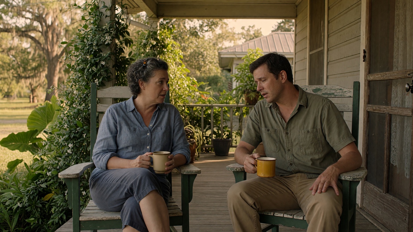 Two adult siblings talk on a shaded front porch, weighing a family decision over coffee.