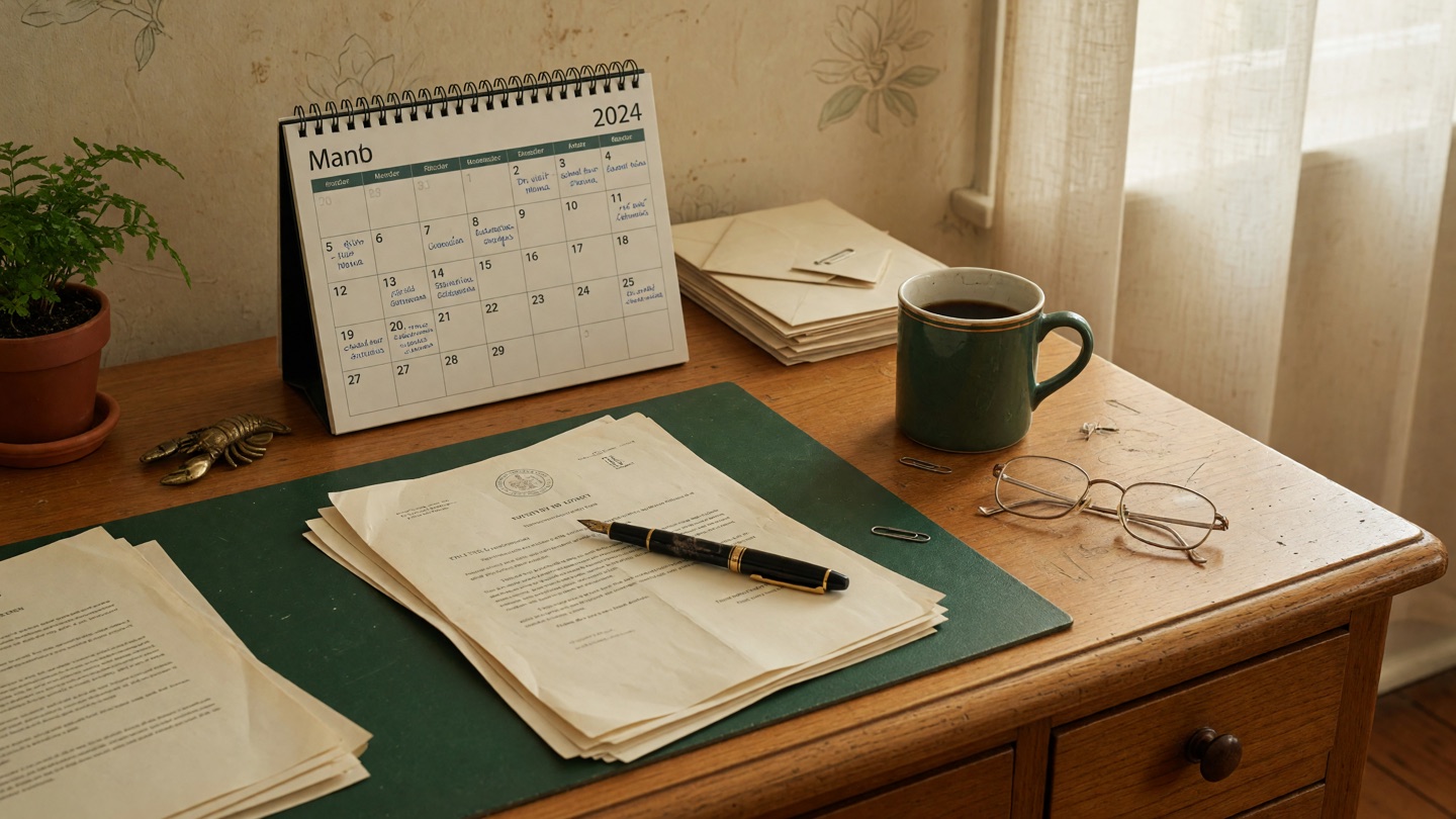 A home desk with a calendar, fountain pen, legal document, reading glasses, and coffee mug.