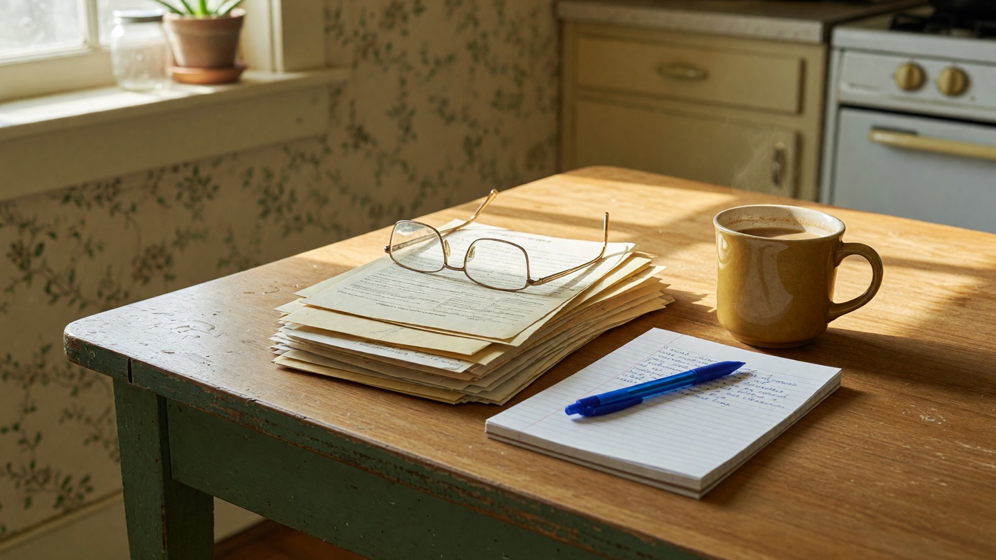 Paperwork, reading glasses, a pen, notepad, and coffee arranged on a sunlit kitchen table