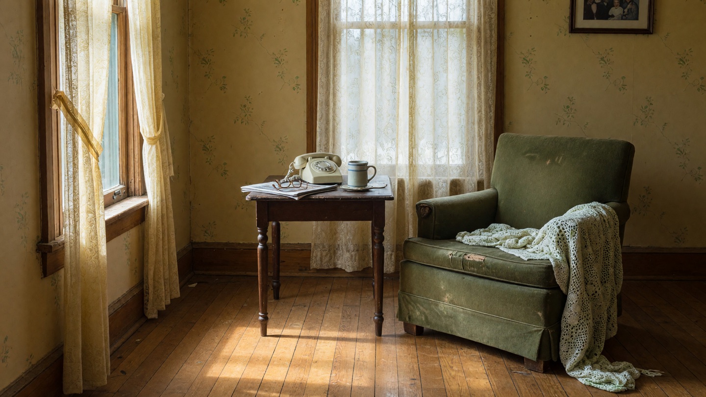 Sunlit shotgun-house front room with an armchair, landline telephone, and throw, evoking care at home.