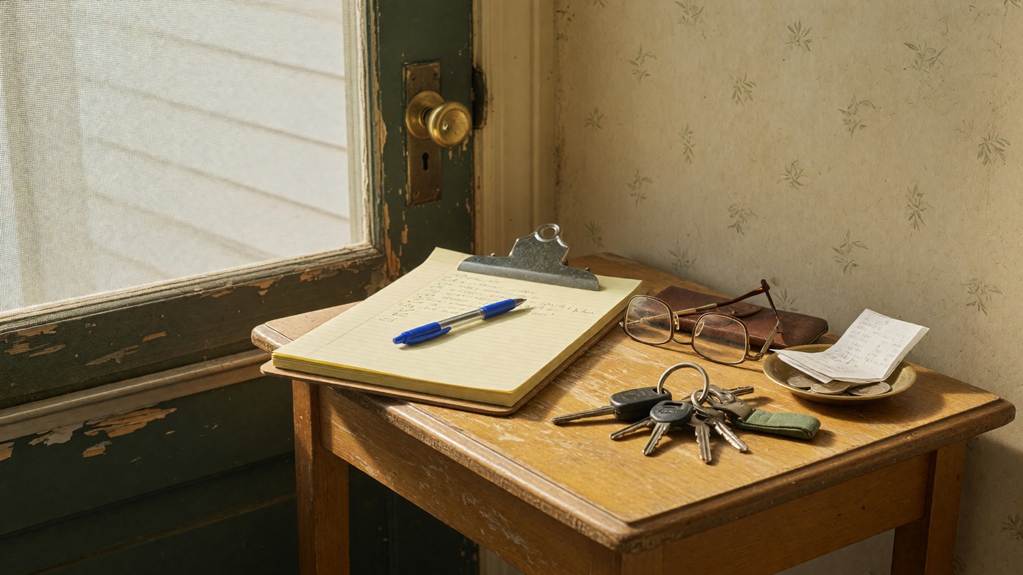 Clipboard with lined notepad, pen, reading glasses, and car keys on an entry table.