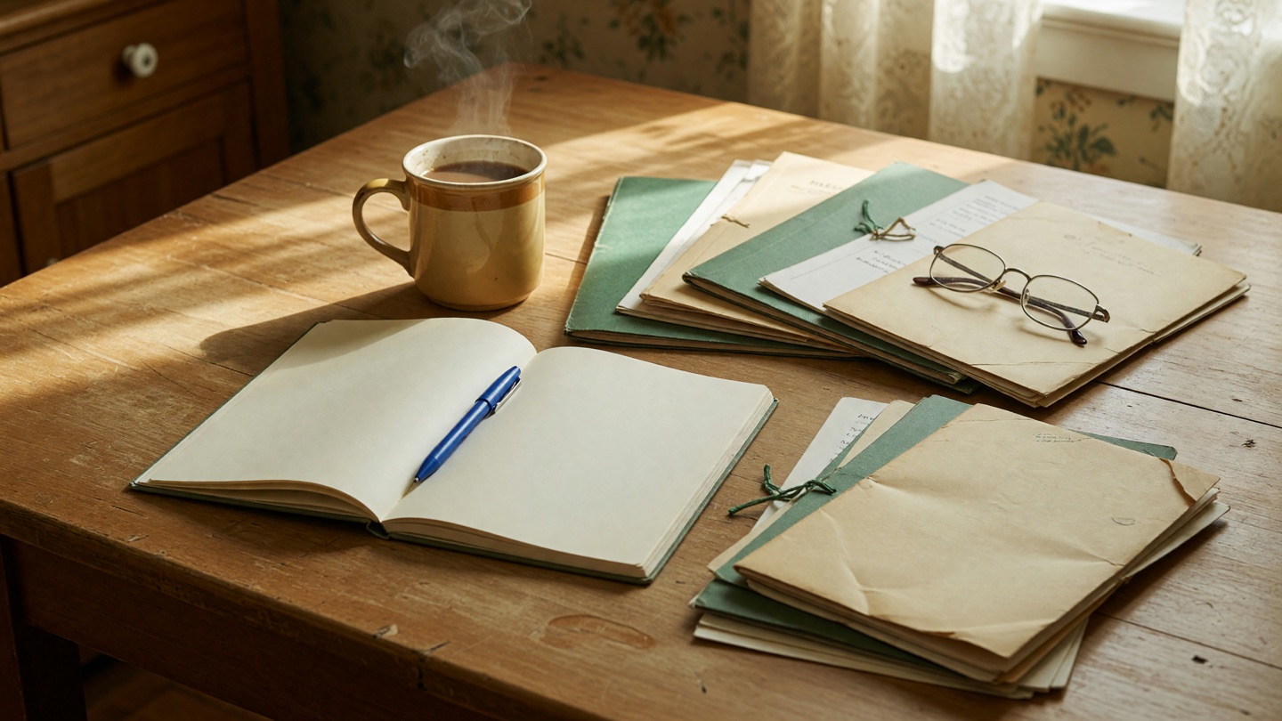 Open notebook, fanned folders and pamphlets, reading glasses, and coffee on a sunlit table.