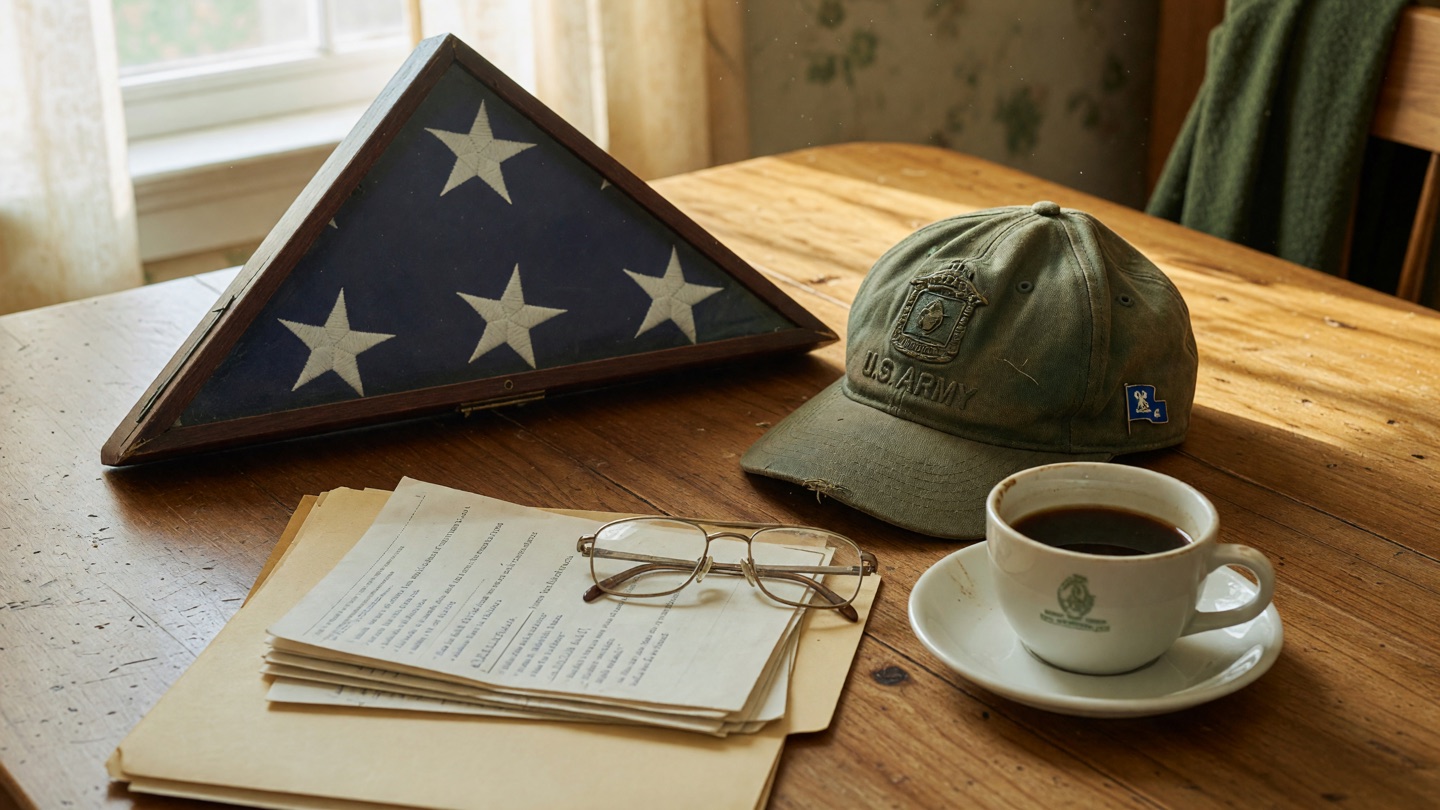 Folded American flag in a case beside a service cap and reading glasses on a wooden table.