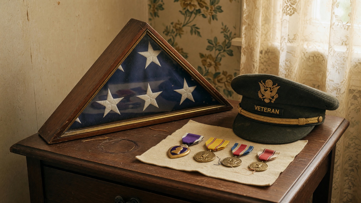 Folded American flag beside a veteran's service cap and medals on a wood table.
