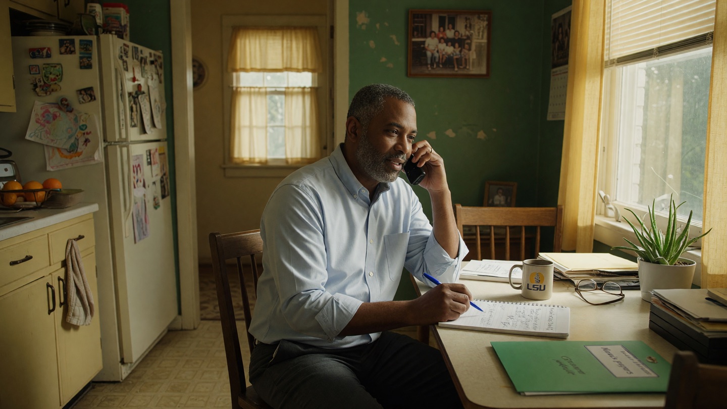 An adult son on the phone at his kitchen table, notepad ready, advocating for a parent's care.