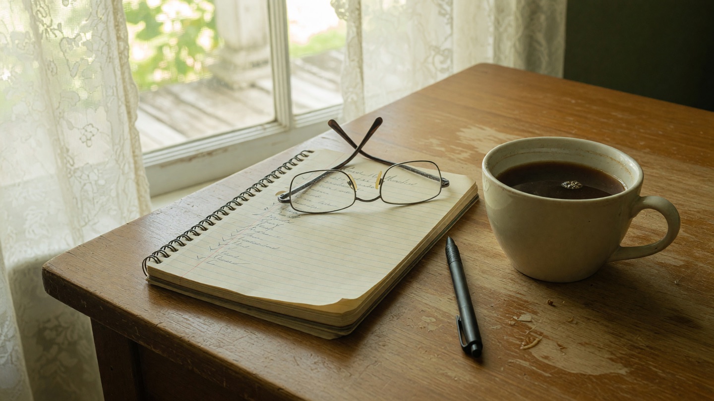 Notepad with a checklist of marks, reading glasses, pen, and coffee by a sunlit window