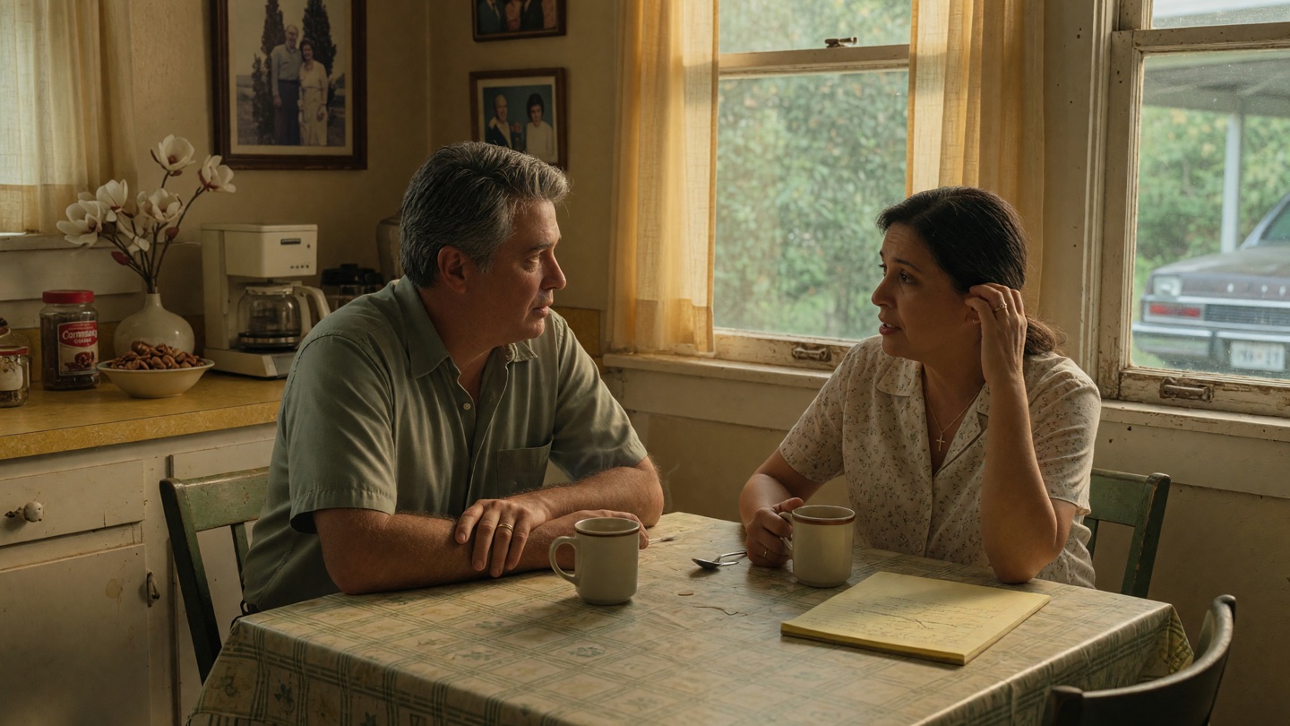 A brother and sister talk earnestly over coffee at a kitchen table, weighing a family decision.