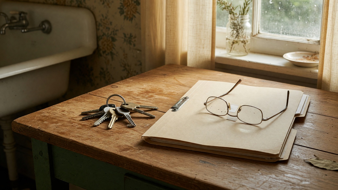 House keys, a folder of documents, and reading glasses on a worn kitchen table